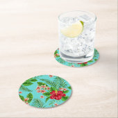 かわいいピンクの熱帯ハイビスカスフラワーオンターコイズ ラウンドペーパーコースター (インサイチュ)