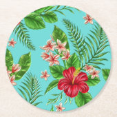 かわいいピンクの熱帯ハイビスカスフラワーオンターコイズ ラウンドペーパーコースター (正面)