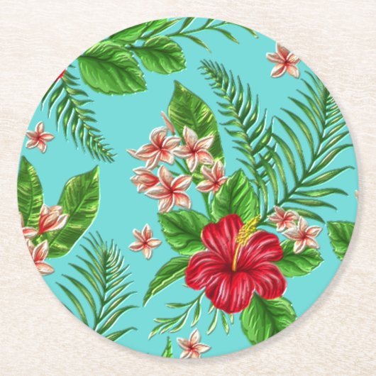 かわいいピンクの熱帯ハイビスカスフラワーオンターコイズ ラウンドペーパーコースター (正面)