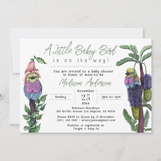 かわいいピンクの熱帯鳥サファリをテーマにした赤ちゃんシャワー 招待状 (正面)
