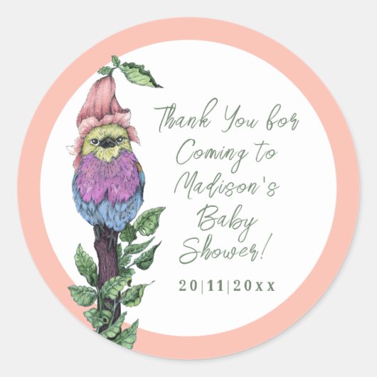 かわいいピンクの熱帯鳥ジャングルベビーシャワー ラウンドシール (正面)