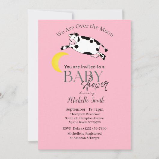 かわいいピンクの牛が月の赤ちゃんシャワーを飛び越えた 招待状 (正面)