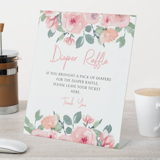 かわいいピンクの牡丹の赤ちゃんシャワーおむつラッフルサイン 台座サイン (インサイチュ)