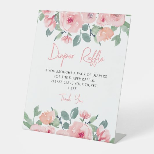 かわいいピンクの牡丹の赤ちゃんシャワーおむつラッフルサイン 台座サイン (正面)