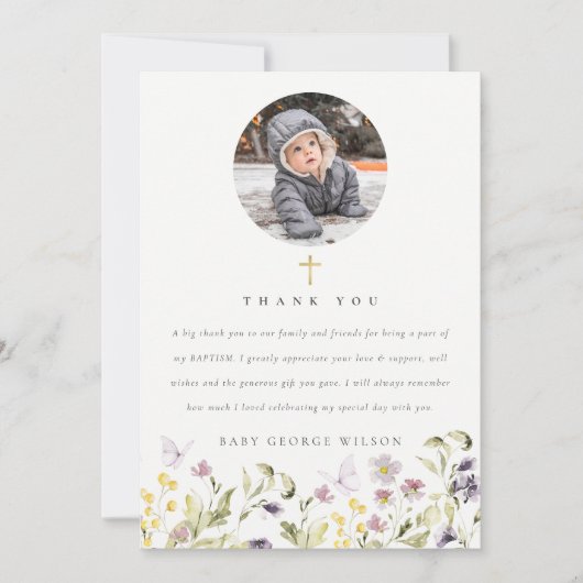 かわいいピンクの牧草地フローラ蝶の写真バプテスマ サンキューカード (正面)