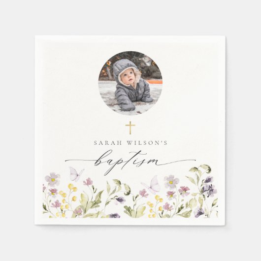 かわいいピンクの牧草地フローラ蝶の写真バプテスマ スタンダードカクテルナプキン (正面)