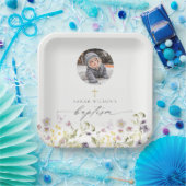 かわいいピンクの牧草地フローラ蝶の写真バプテスマ ペーパープレート (パーティー)