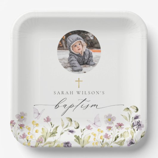 かわいいピンクの牧草地フローラ蝶の写真バプテスマ ペーパープレート (正面)