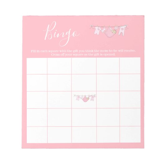 かわいいピンクの物干し女の子ベビーシャワービンゴゲーム ノートパッド (正面)