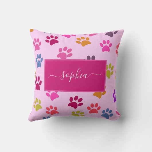かわいいピンクの犬と猫好きの前足プリント名 クッション (裏面)