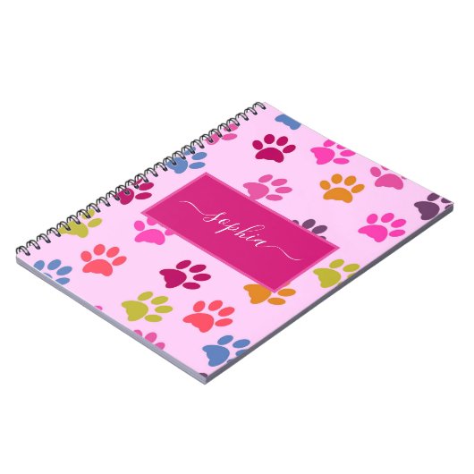 かわいいピンクの犬と猫好きの前足プリント名 ノートブック (左側)