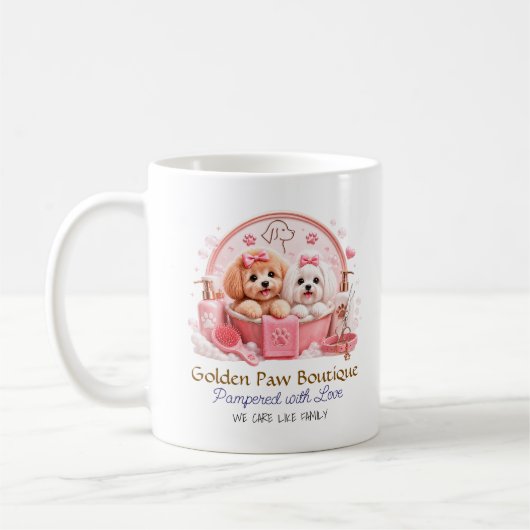 かわいいピンクの犬のグルーミングマグデザイン コーヒーマグカップ (左)
