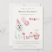 かわいいピンクの犬 あらゆる年齢の誕生日写真パーティ招待 サンキューカード (正面)