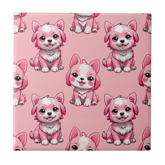 かわいいピンクの犬 タイル (正面)