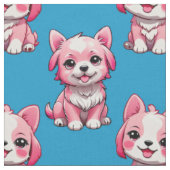 かわいいピンクの犬 - 青 ファブリック (クローズアップ)
