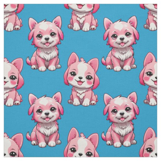 かわいいピンクの犬 - 青 ファブリック (見本)