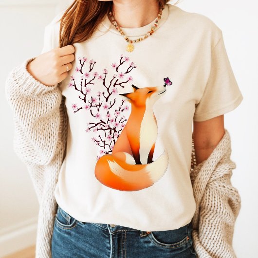 かわいいピンクの狐の服 桜 Tシャツ