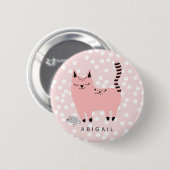 かわいいピンクの猫と水玉模様-パーソナライズされた女の子 缶バッジ (正面&裏面)
