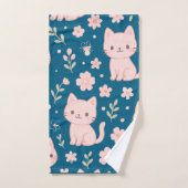 かわいいピンクの猫と花のタオルセット バスタオルセット (ハンドタオル)