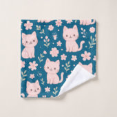 かわいいピンクの猫と花のタオルセット バスタオルセット (ウォッシュタオル)
