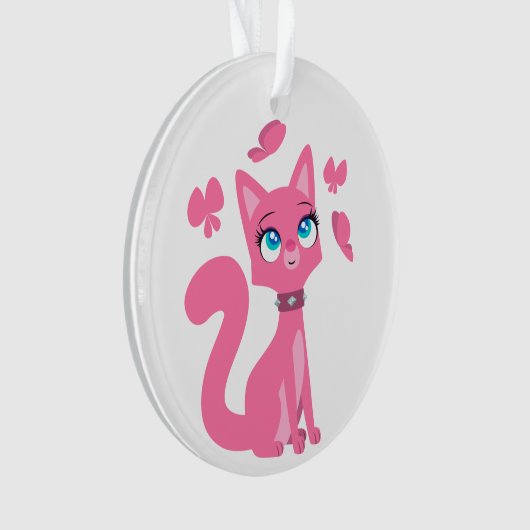 かわいいピンクの猫と蝶 オーナメント (正面)