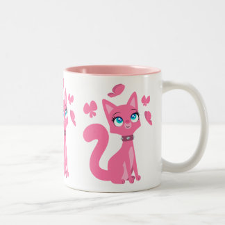 かわいいピンクの猫と蝶 ツートーンマグカップ