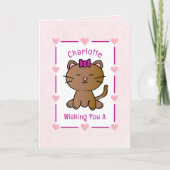 かわいいピンクの猫のキャラクター 子猫の誕生日おめでとう カード (正面)
