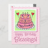 かわいいピンクの猫のケーキ ハッピーバースデーの祝福 ポストカード (正面/裏面)