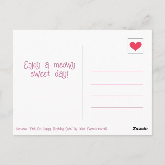 かわいいピンクの猫のケーキ　ハッピーバースデーの祝福 ポストカード (裏面)