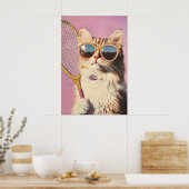 かわいいピンクの猫のテニスアートプリント - 可愛い壁掛け ポスター (キッチン)