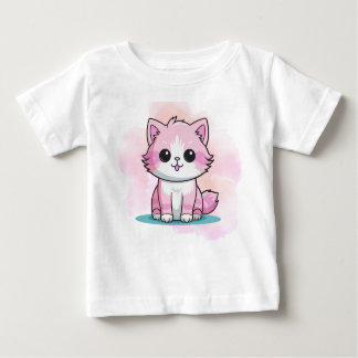 かわいいピンクの猫の水彩漫画の猫の動物 ベビーTシャツ