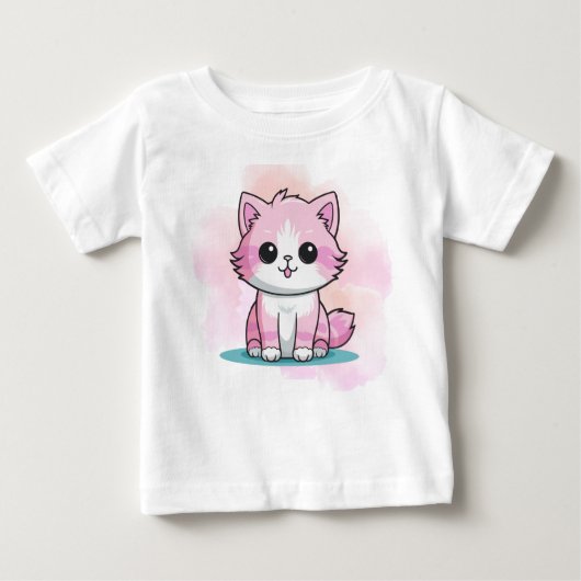 かわいいピンクの猫の水彩漫画の猫の動物 ベビーTシャツ (正面)