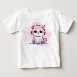 かわいいピンクの猫の水彩画の漫画の子猫の動物 ベビーTシャツ