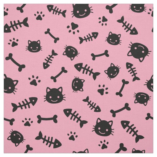 かわいいピンクの猫の骨の魚の前足パターン ファブリック (見本)