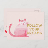 かわいいピンクの猫ハートの金ゴールド後を追夢見 ポストカード (正面/裏面)