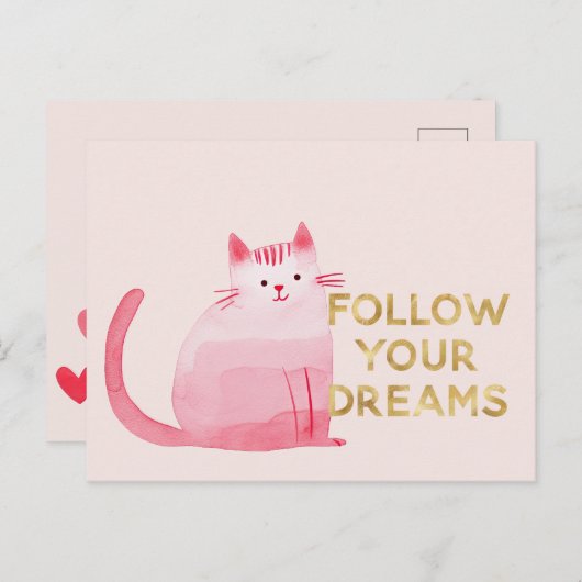 かわいいピンクの猫ハートの金ゴールド後を追夢見 ポストカード (正面/裏面)