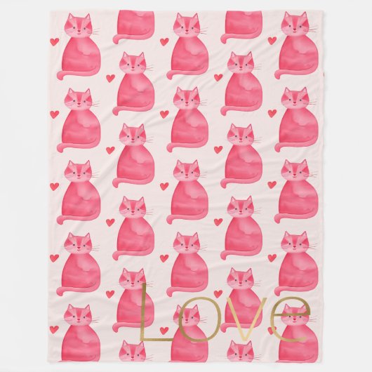 かわいいピンクの猫ハート金ゴールドラブ フリースブランケット (正面)