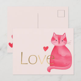かわいいピンクの猫ハート金ゴールドラブ ポストカード