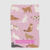かわいいピンクの猫柄ギフト 猫好きのための名入れグッズ ゴルフタオル (正面)