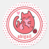 かわいいピンクの猫 |キッパーソナライズされたズ ラウンドシール (正面)