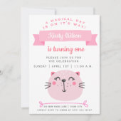 かわいいピンクの猫 |子供の誕生日 招待状 (正面)