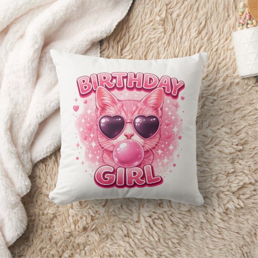 かわいいピンクの猫 誕生日少女 ハートサングラス クッション (ブランケット)