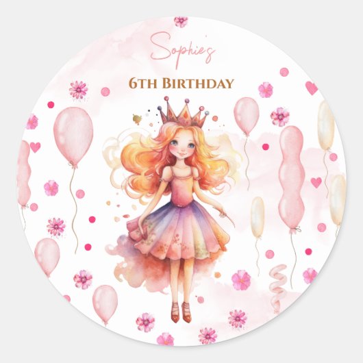 かわいいピンクの王女とバルーンの誕生日 ラウンドシール (正面)