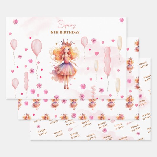 かわいいピンクの王女とバルーンの誕生日 ラッピングペーパーシート (セット)