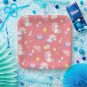 かわいいピンクの甘いユニコーンのレインボーバルーンパターン ペーパープレート (パーティー)