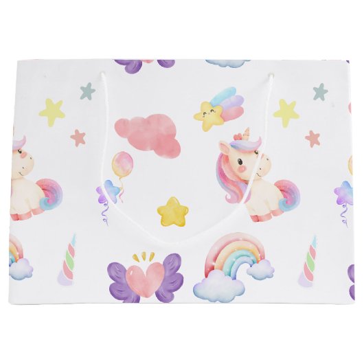 かわいいピンクの甘いユニコーンのレインボーバルーンパターン ラージペーパーバッグ (正面)