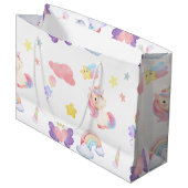 かわいいピンクの甘いユニコーンのレインボーバルーンパターン ラージペーパーバッグ (正面アングル)