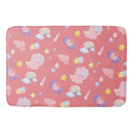かわいいピンクの甘い恐竜の虹パステルパターン バスマット (正面)
