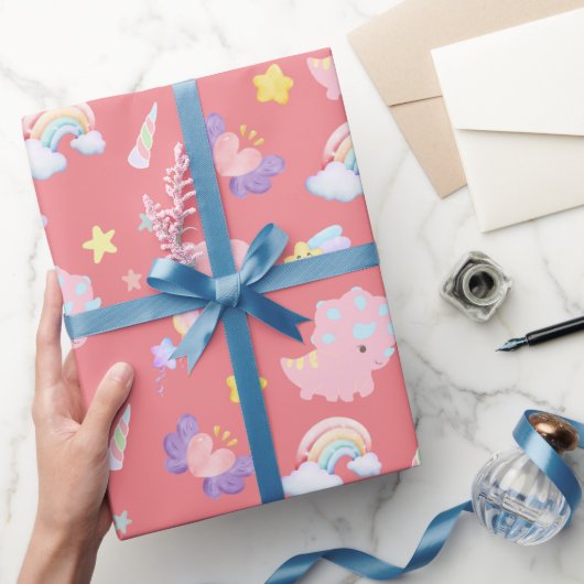 かわいいピンクの甘い恐竜の虹パステルパターン ラッピングペーパー (ギフト)