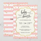 かわいいピンクの白いストライプ金ゴールドブラックベビーシャワー 招待状 (正面/裏面)